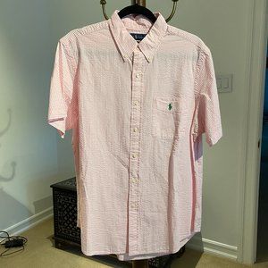 Ralph Lauren pink and white seersucker button down short sleeve shirt